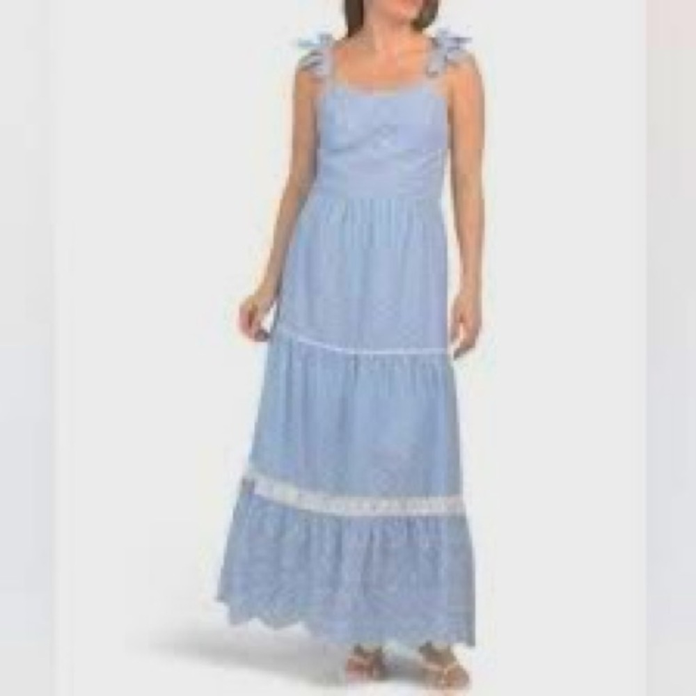 Shabby Chic Blue White Cotton Boho Sundress Tie Strap Tiered Embroidered size 10 - Picture 10 of 10